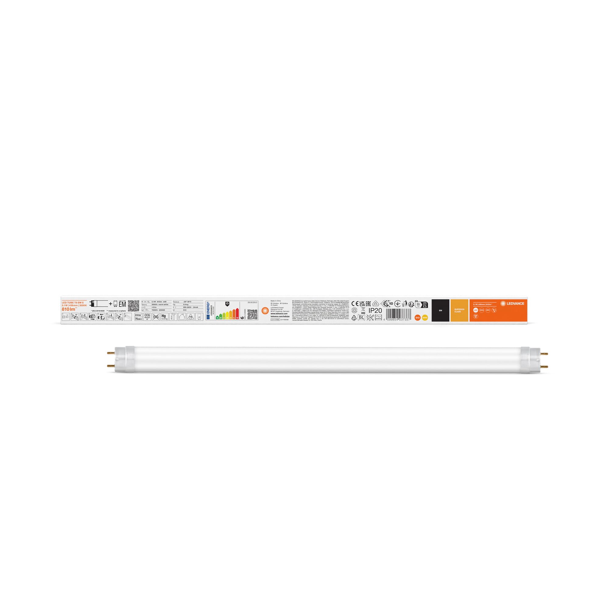 Ledvance 5.1W Led T8 Tube, G13, 3000K, 810Lm, Non-Dimmable, 438Mm