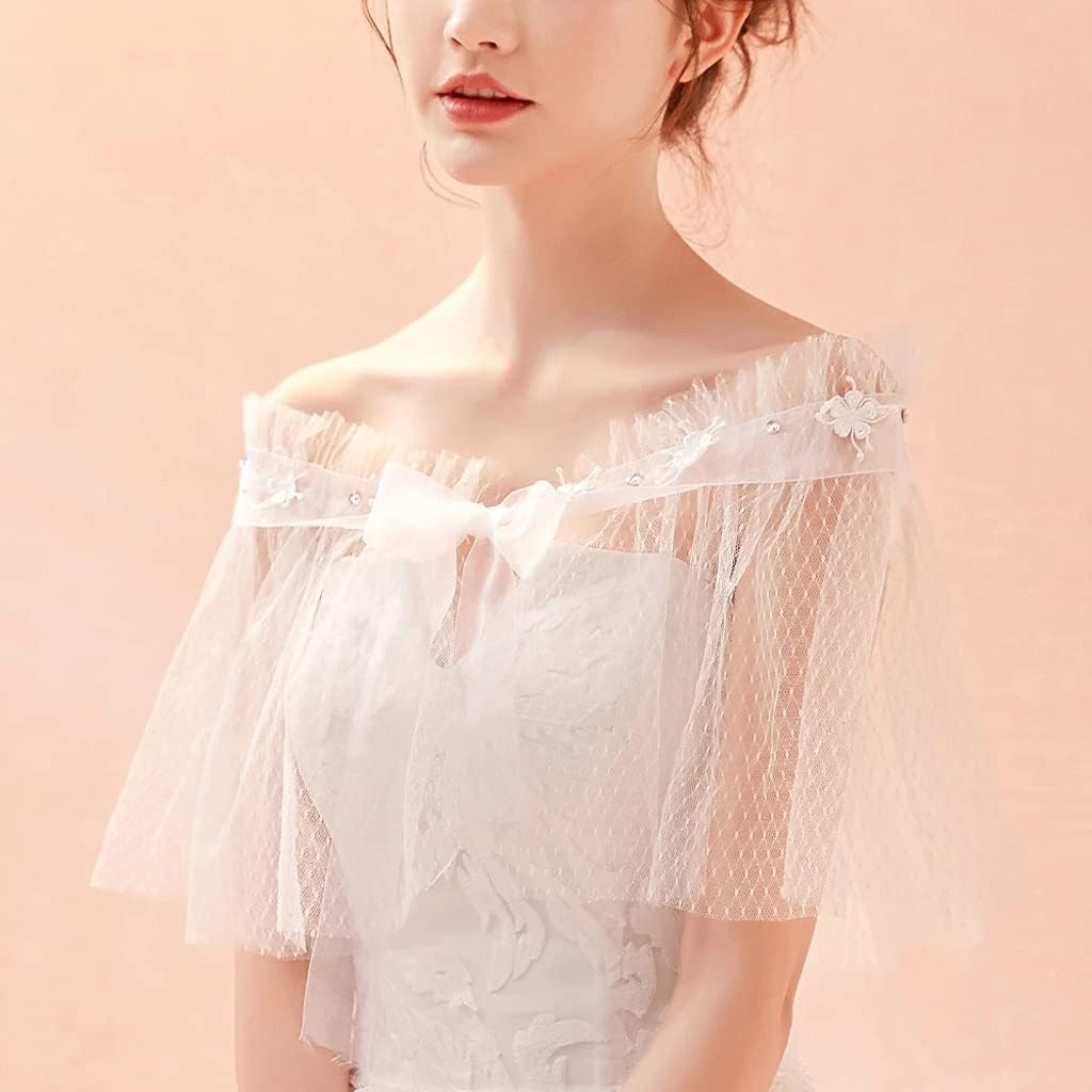 女性の水玉模様のレースのフリルオフショルダーラップチュールのウェディングブライダルフォーマルショールのリボンの花アイボリー