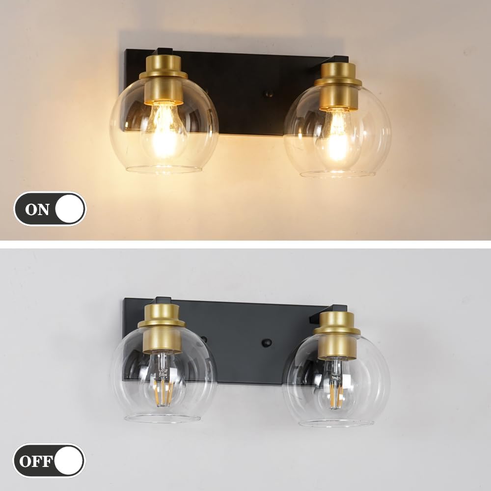 2 Light Bathroom Vanity Light Fixture, Globe Black and Gold Vanity Light, Two Light Bathroom Lighting Fixture over Mirror with Clear Glass, Sconce Wall Lighting for Kitchen Living Room Bedroom Hallway