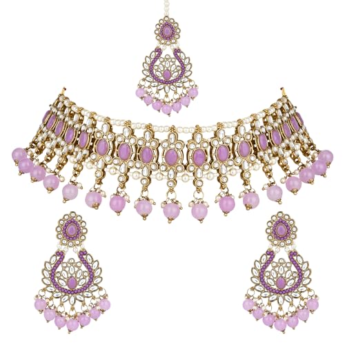 I Jewels Gold Plated Indian Wedding Bollywood Kundan Pearl Drop Choker Necklace Jewellery With Earrings & Maang Tikka Set For Women (K7276)