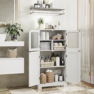 Bathroom Cabinet, Storage Cabinet with Adjustable Shelves & Glass Doors, Freestanding Floor Cabinet Cupboard for Living Room, Home Office White Bathroom Cabinet Storage Cabinet with Adjustable Shelves Glass Doors Freestanding Floor Cabinet Cupboard for Living Room Home Office White