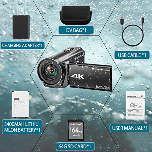Sprandom Camcorder Video Camera 4K Ultra Hd 56Mp 30Fps Vlogging Camera For Youtube, 18X Digital Zoom Underwater Camera, 16.4Ft Waterproof Video Camera With 3400Mah Battery, Charger, 64Gb Sd Card #TOP5
