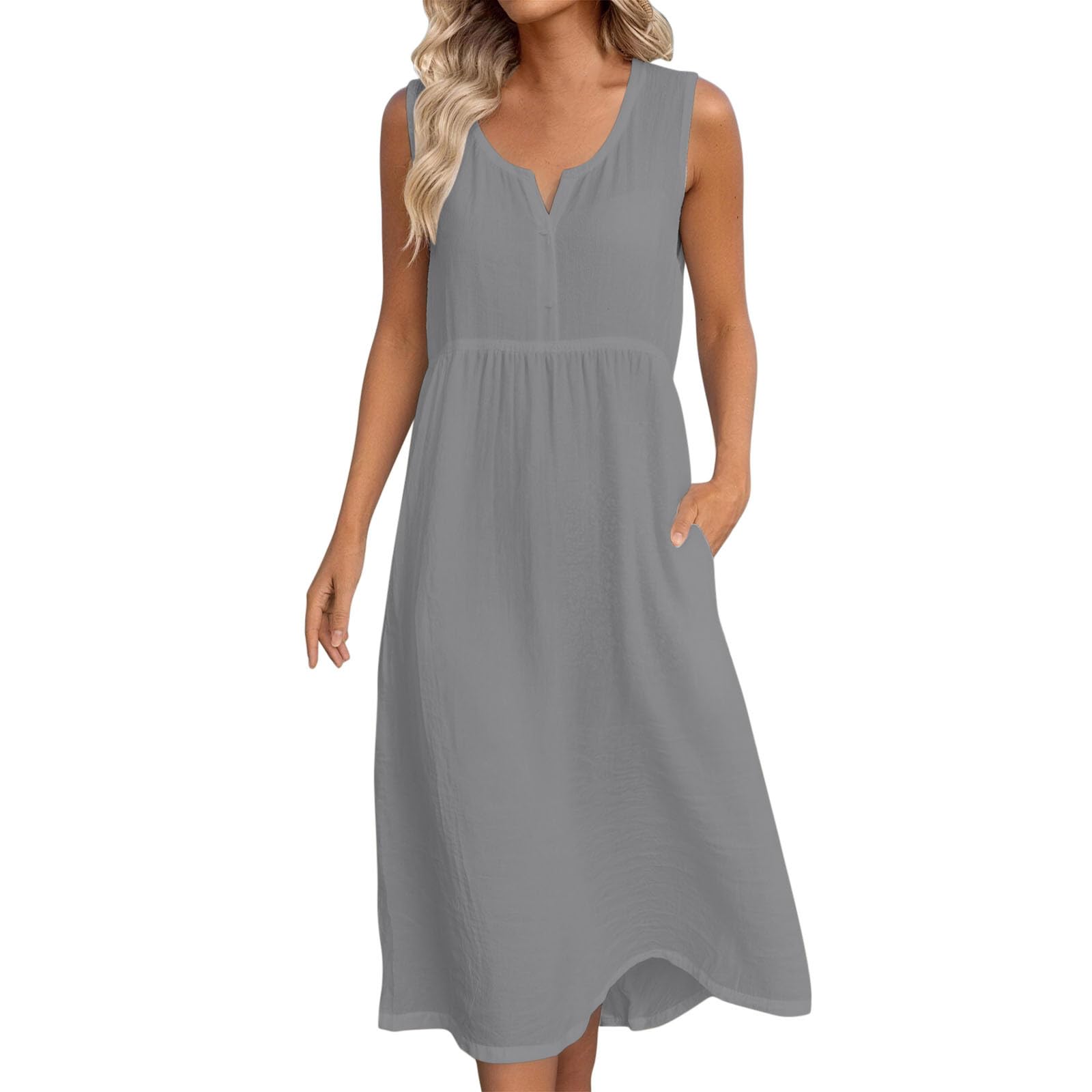 Frostluinai Womens Cotton Linen Midi Dresses Sleeveless Crewneck Empire Waist Loose Comfy Beach Casual Sundress — view 9