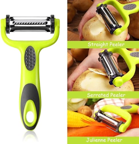 Image of Stainless Steel Julienne Vegetable Peeler Multi-Functional Fruit & Veggie Shredder Slicer and Grater for Potatoes, Carrots, Cucumbers (3-in-1 Multifunctional Veggie and Fruit Peelers)
