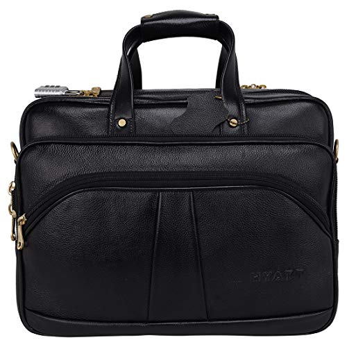 Image of HYATT Leather Accessories 16 Inch 24 litres Capacity Leather Laptop Office Briefcase for Men Upto16 inch Laptop Compartment Dimension-L-16 X H-12 X W-6 Inch Weight-1.4 KG (BLACK)