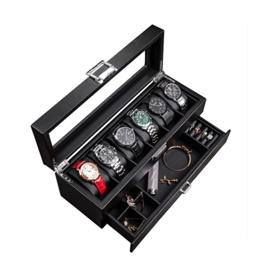 Porta Orologi Uomo Scatola Porta Orologi, Orecchini, Collana, Cassettiera In Pelle, Con Coperchio Superiore In Vetro Trasparente Scatola Orologi (Color : A, Size : 6 Epitope)