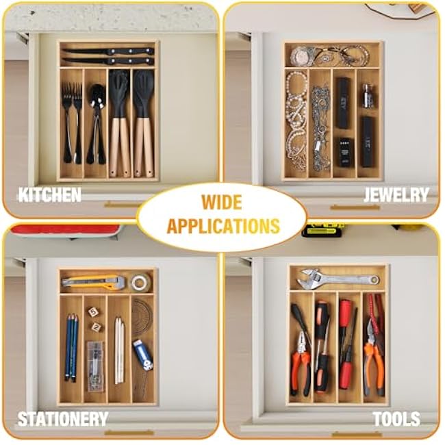 Bamboo Silverware Organizer Utensil Drawer Organizer 5-Compartment 13.5D x 10W x 2H