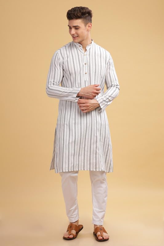 Be Active Men's Traditional Lining Stripe Stripes Design Full Sleeves Kurta || Cotton Kurta For Men || Men Kurta For Wedding || Kurta For Men (Sk0868 1 M) White