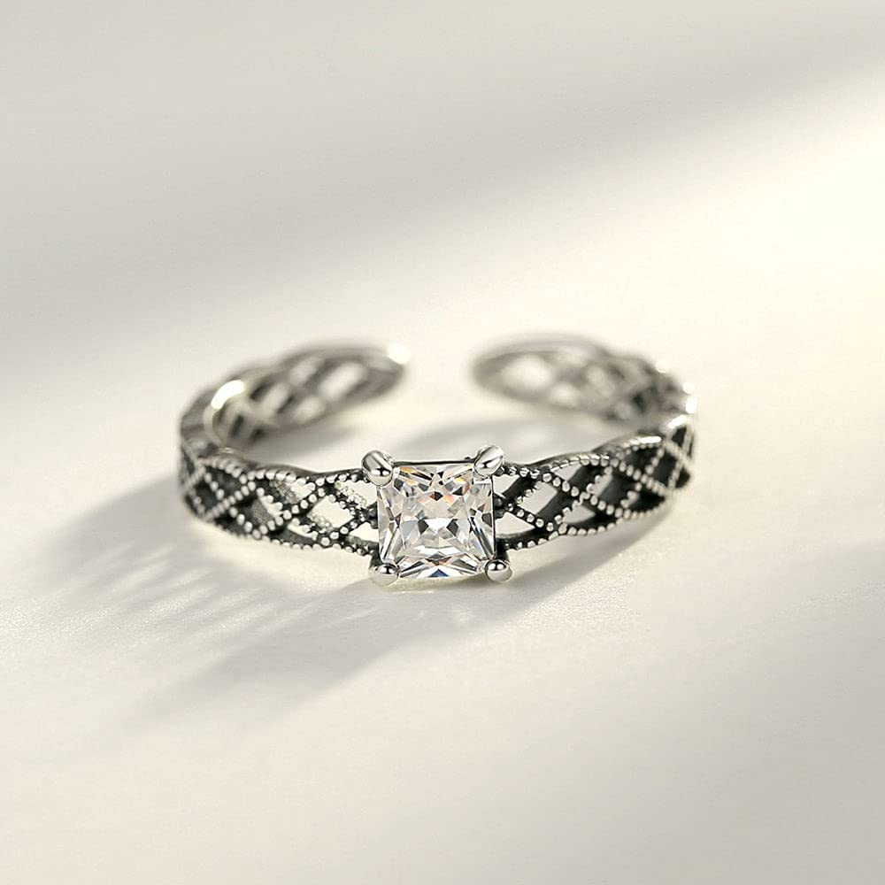 Anello elegante regolabile per donna - Anello da dito aperto a forma cava S925, anello congiunto impilabile in zirconi AAA intarsiato, regali di compleanno economici per donne e