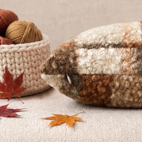 Image of Foindtower Pack of 2 Soft Faux Fur Boucle Throw Decorative Pillow Covers Fuzzy Accent Check Cushion Sherpa Boho Farmhouse Pillowcase for Couch Sofa Bed Living Room Home Decor 18x18 Inch,Autumnal