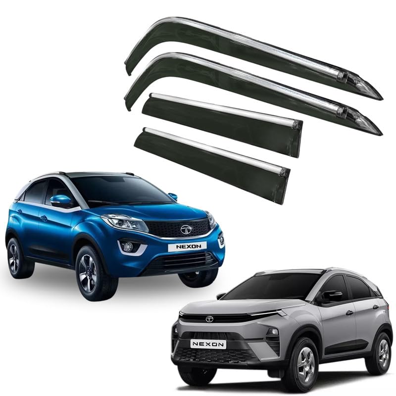 Image of CAR SAAZ Side Door Visors for NEXON (2017-2019)(Set of 4Pcs)|Chrome Lined Rain Guards, Polycarbonate, Smoke Finish