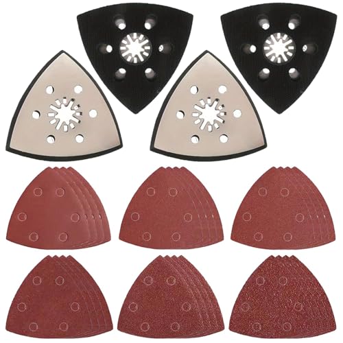 4 Stück Schleifplatte Dreieck, 93MM Fein Schleifplatte mit 30 Stück Braun Dreieckschleifer Schleifpapier, Multitool Schleifteller für Präzisionsarbeit an Holz, Metall, Schleifen, Entrosten und Mehr