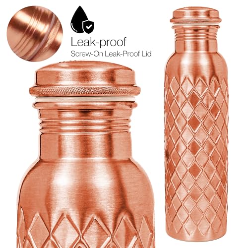 Image of Pure Copper Water Bottle, Copper Drinking Bottle Diamond Cut , 32 oz | 100% pure copper, Ayurvedic Tamra Jal vessel, leak-proof screw cap, cleaning brush included, reusable