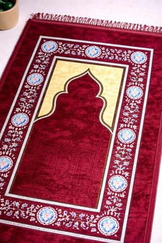 Image of Janamaz Prayer Mat Turkey Soft Velvet | Namaz Mat, Janimaz Namaz Aasan, Islamic Prayer Rug for Salah | 70x110 CM (Printed Red2)