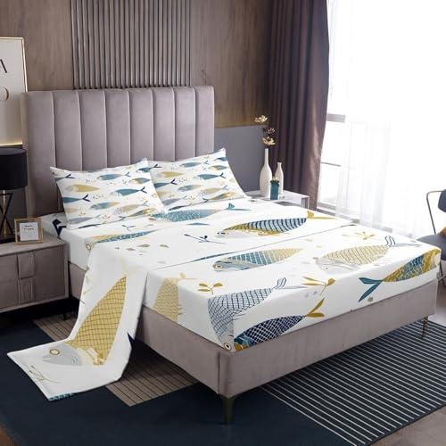 Image of jejeloiu Cartoon Fish Bed Sheets Set Full Size Marine Theme Bed Set Ocean Sea Animal Deep Pocket Fitted Sheet Breathable Soft Lightweight Microfiber