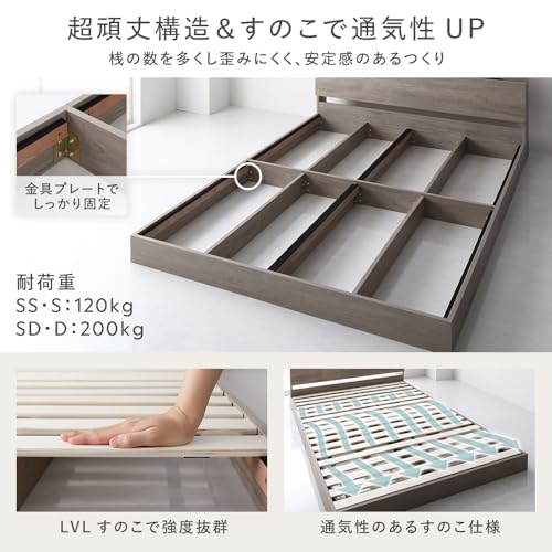 RASIK(ラシク) ベッド セミダブル フレームのみ シャビーオーク ロータイプ すのこ 照明 コンセント 棚 お客様組立 Famite ファミーテ の商品画像 6