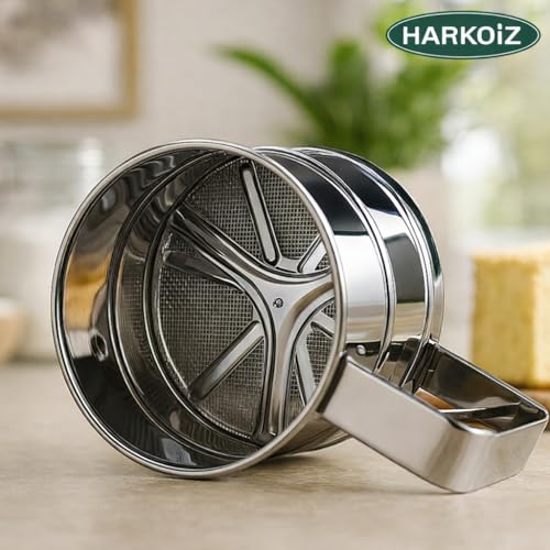 Image of Stainless Steel Flour Sifter for Baking Hand Press Atta Channi Flour Sieve with Fine Mesh Screen Rust-Proof Large Capacity Baking Sifter for Atta, Maida, Sugar, Cocoa Powder Kitchen Baking Tools