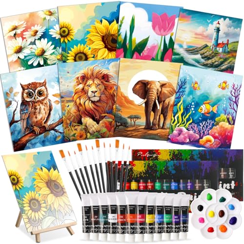 Cholemy 36 Pcs Paint and Sip Kit for Adults 8''x10'' Pre Drawn Canvas for Painting DIY Afro Acrylic Painting Kit Wood Easel Brushes Date Night Bulk for Easter Party Gifts(Plants Animals)