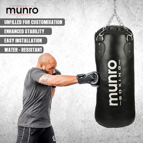 Image of MUNRO Punching Bag Synthetic Leather, Filled PU Boxing Bag, Heavy Duty Punch Bag for Boxing, Martial Arts, Judo, Kickboxing with Rust Free Hanging Chain (Filled- Black, 2.5 Feet)