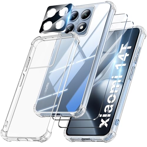 FLLAO 4 en 1 Funda para Xiaomi 14T 5G con 2 Protector Pantalla y 1 Protector Lente Cámara, [Almohadilla de Aire integrada] Antigolpes Antiarañazos Antichoque Carcasa, Transparente
