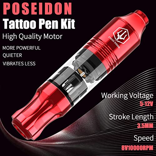 POSEIDON Rotary Tattoo Pen Kit for Beginners & Artists - Complete Tattoo Machine Set with Power Supply/20 Cartridge Needles/6 Ink Colors/Foot Pedal (TK019) - Image 3