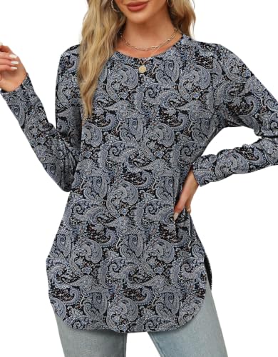 Image of XIEERDUO Womens Long Sleeve Round Neck Shirts Side Split Basic Loose Tunic Tops Casual 2026