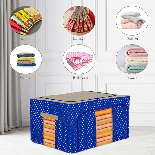 Image of Kuber Industries 88 Liter Clothes Storage Box | Foldable Steel Frame Clothes Organizer | Storage Box For Wardrobe-Saree-Shirts And Blankets | Underbed Storage Bag | Dot Print | Royal Blue
