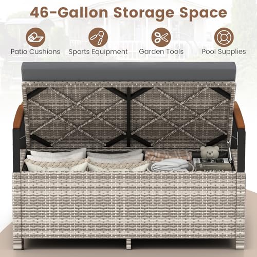 Image of Tangkula 46 Gallon Outdoor Bench with Storage, Outdoor PE Rattan Storage Bench with Cushion, Backrest & Acacia Wood Armrests, Metal Frame, Waterproof Deck Box Seat for Porch Backyard Poolside