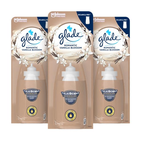 Glade Sense & Spray, Profumatore per Ambienti con Oli Essenziali, Fragranza Romantic Vanilla Blossom, 3 Ricariche
