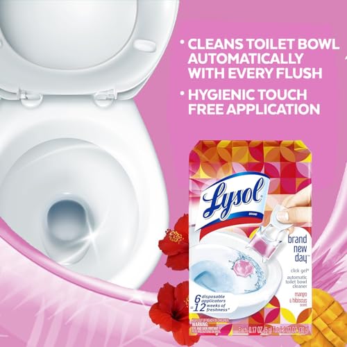 Lysol Click Gel Automatic Toilet Bowl Cleaner, Toilet Gel Stamp, Toilet Freshener, Bathroom Essentials, Refreshing Mango & Hibiscus Scent, 6 Count (Pack of 1)