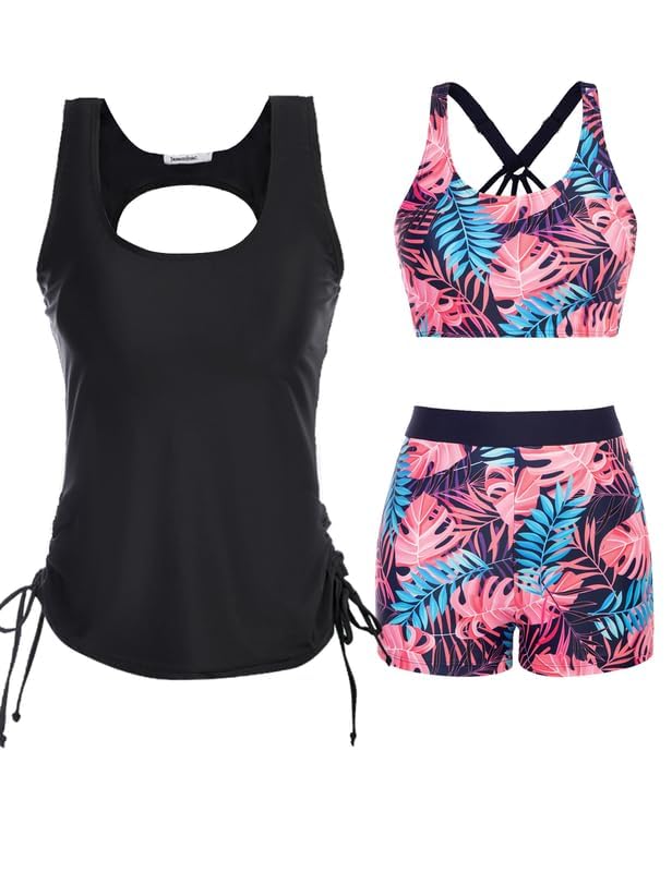 JASAMBAC 3-teiliger Damen Bauchweg Tankini Sets, Push-up-Bikinioberteil und High Waist Badeshorts, einfache Badebekleidung, Sport-Badeanzug,Bademode für Strand,Schwimmbad