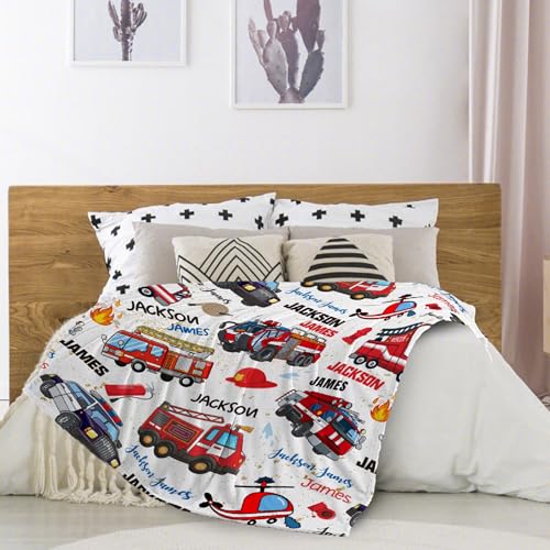 Image of Fire Trucks Firefighter Custom Blanket Gifts Personalized Fire Trucks Throw Blankets for Boys Girls Super Soft Fleece Flannel Air Conditioning Blanket for Couch Bed 120x90 in for Family