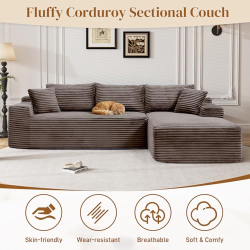 Image of 95 inch L Shaped Boneless Sectional Couches, Wide Armrest, Deep Seat, Memory Foam, Assembly Free, Modern Comfy Corduroy Fluffy Cloud Sofa with Right Chaise for Living Room, Small Spaces, Brown