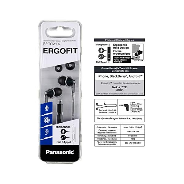 Panasonic ErgoFit Wired Earbuds, In-Ear Headphones with Microphone and Call Controller, Ergonomic Custom-Fit Earpieces…