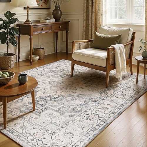 Image of AMERLIFE 5'x8' Wilton Collection Area Rug, Durable Low Pile Non-Slip Washable Rug for High Traffic Areas, Distressed Floral Pattern Vintage Rug for Living Room, Bedroom, Dining Room,Light Blue