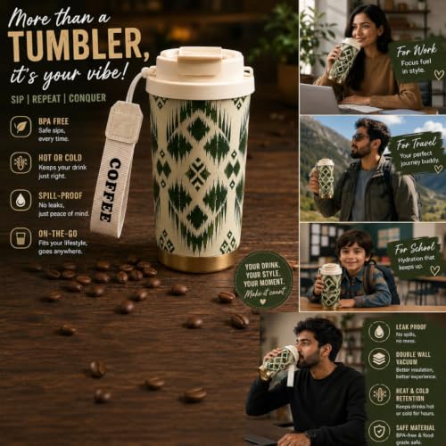 Image of STARFLYER Double Coffee Cup with Travel Strap 316 Stainless Steel Double-Layer Insulated Vacuum Bottle with Straw-500ml (Green)