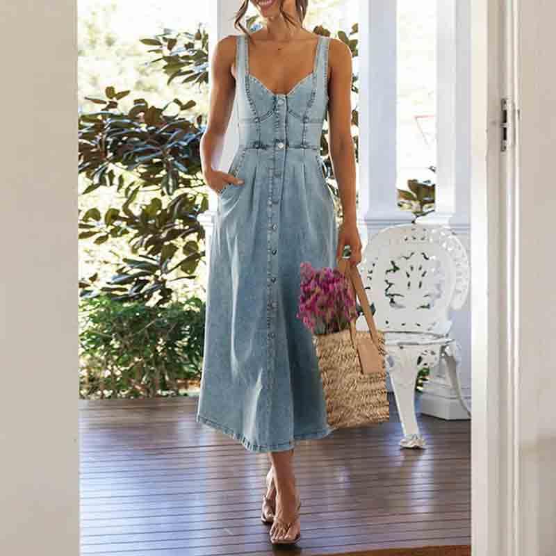 Women's Camisole Vintage Casual Style Denim Skirt Collar Sleeveless Breasted Dress Long Skirt3