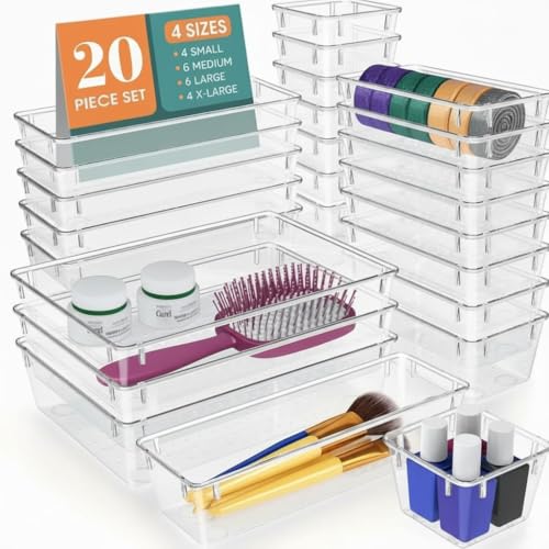 Image of TONY STARK 20-Piece Unbreakable /Non scratchable Drawer Organizer Set|Multi-Purpose Storage & Divider Trays in 4 Sizes|Dressing Table & Cosmetic Organizer|Kitchen, Office & Bedroom (Clear Transparent)