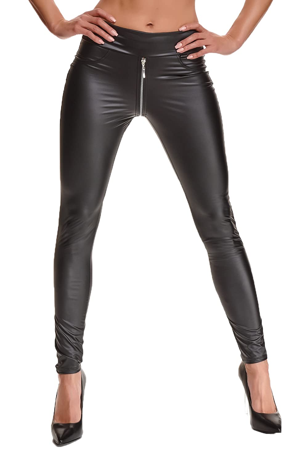 Demoniq Schwarze Damen Leggings Hose aus Wetlook Material elastisch mit durchgehendem Reißverschluss und Gesäßtaschen