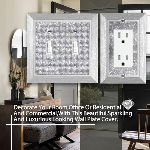 Plaque murale double interrupteur strass et bois chic pour salon de luxe