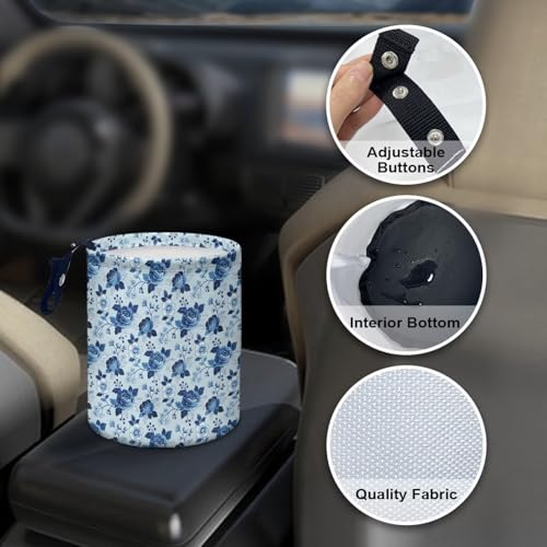 Image of Blue Roses Car Rubbish Bin Portable Waste Basket Can Foldable Auto Waste Storasge Bag Holder with Adjustable Strap for Camping, Travelling, Picnic