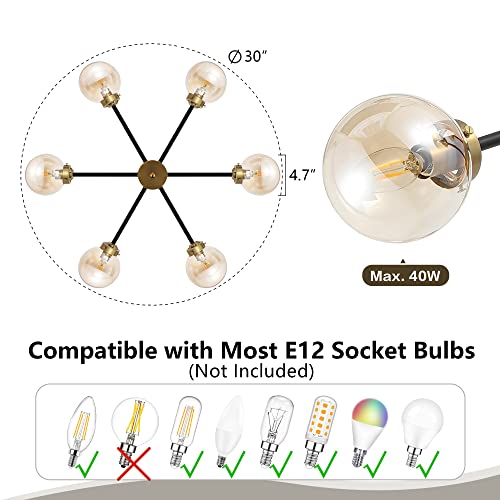 Wingbo 6-Light Modern Chandelier, Sputnik Pedant Light Fixture With Large Amber Glass Globe Shade For Flat And Slop Ceiling, Height Adjustable For Kitchen Living Room Dining Room Bedroom, Black #TOP3