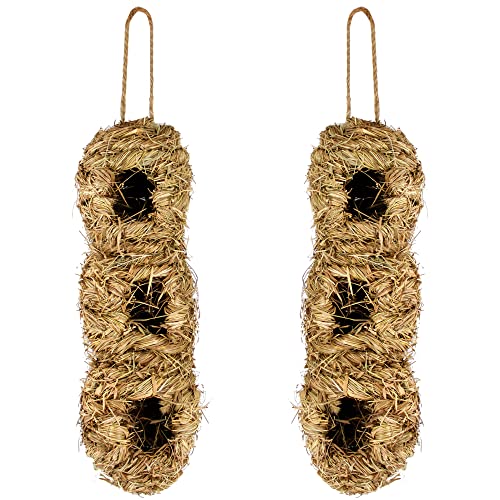winemana Hand Woven Hummingbird House, Set of 2 Bird Hut 12" x 4", Outside Grass Hanging Bird Hut, Hanging Hummingbird Houses with 3 Holes