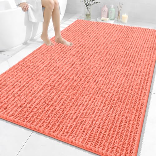 Image of OLANLY Bathroom Rug Mat 70x46, Thick Soft and Absorbent Chenille Bath Mat, Non-Slip Rubber Backing, Machine Washable Quick Dry Bath Rugs for Tub Shower Floor, Home Decor Accessories, Coral