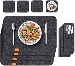 Placemats Set of 4, Felt Table Mats with 4 Place Mats, 4 Coasters and 4 Cutlery Bags, Heat-Resistant Washable and Wipeable Placemat Set for Dining Party Home Restaurant (Black)
