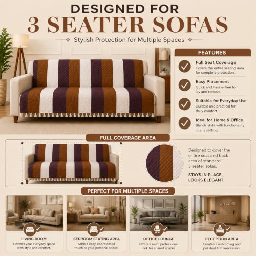 Image of Velvet Quilted Sofa Cover for 2 Seater (48 x 60 Inches) | Stripes | Anti-Slip Soft Washable Sofa Seat Cover | Furniture Protector with Tassels