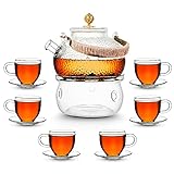  AdelDream Glas Teekanne mit Infuser, Teekanne Glas Teekessel mit Herd safe, blühende und lose Blatt Tee-Maker-Set (850ml+6(100ML)+Teewärmer)