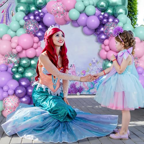 Image of Amandir 153pcs Mermaid Balloon Garland Arch Kit Different Sizes | 18 12 10 5 inch Purple Pink Green Latex Metallic Confetti Balloons for Girl Ocean Themed Party Decorations