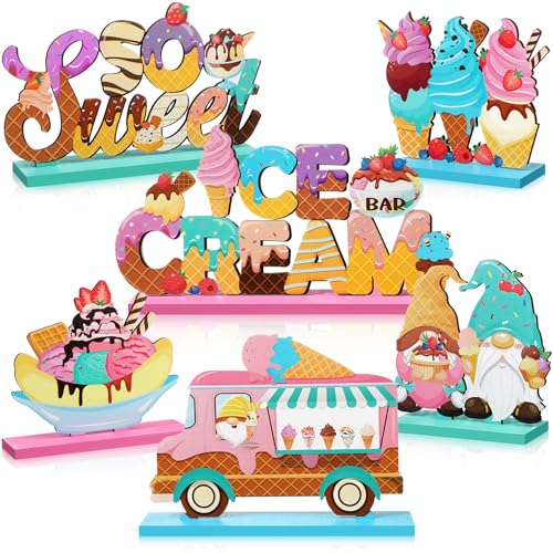 Blosssound 6 Pcs Ice Cream Table Wooden Decorations Ice Cream Table Centerpieces Letter Truck Gnome Wood Signs for Bar Party Birthday Baby Shower Party Supplies