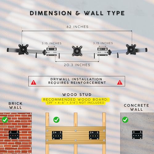X-ROB Triple Monitor Wall Mount – Premium Aluminum 3 Arm Bracket for 15–32 Inch Screens, Dual Wall Anchors for Maximum Stability, Full Motion with 360° Rotation, VESA 75x75/100x100, Cable Management by X-ROB - Image 3